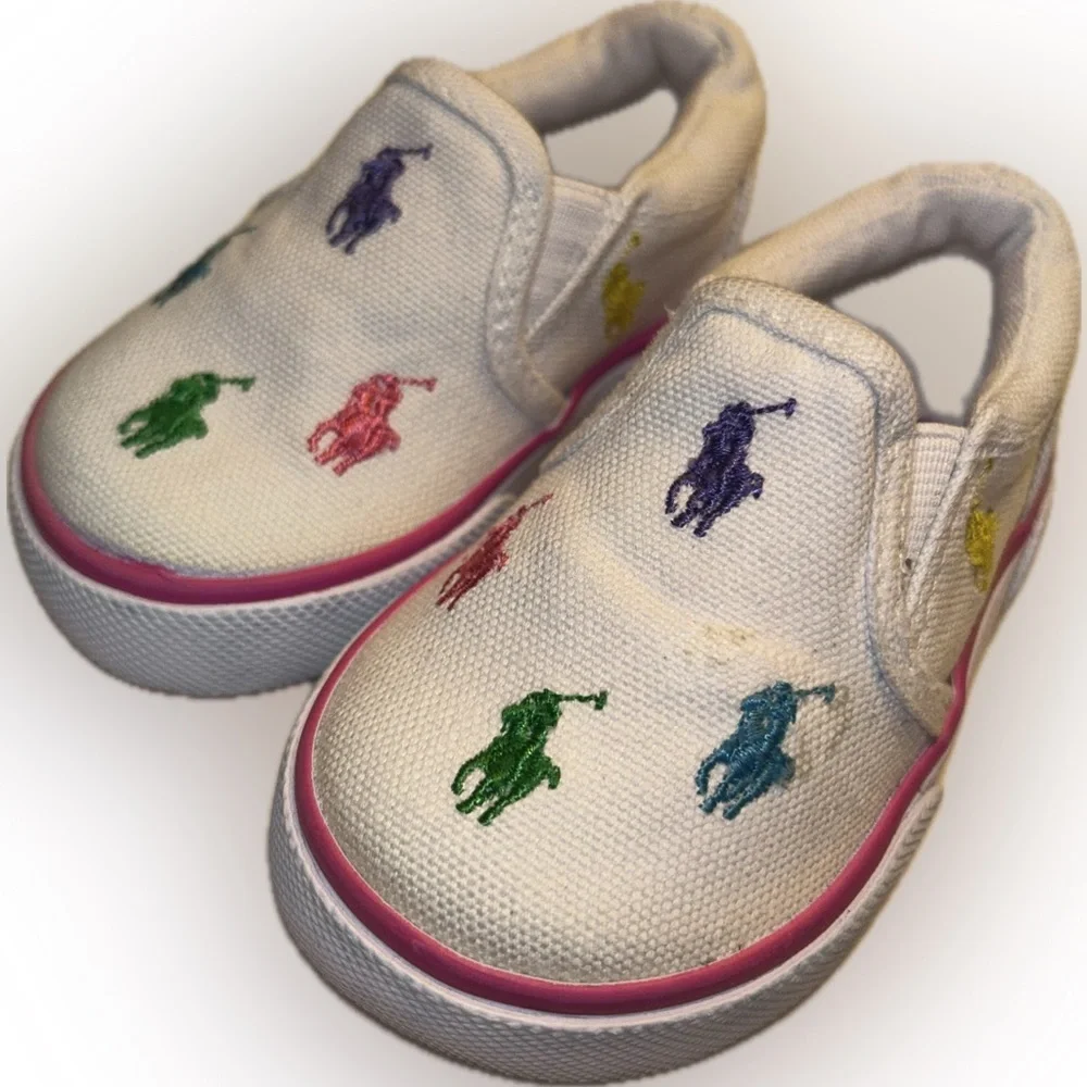 Polo Ralph Lauren Toddler White Canvas Slip-On Sneakers Colorful Pony Logos 3